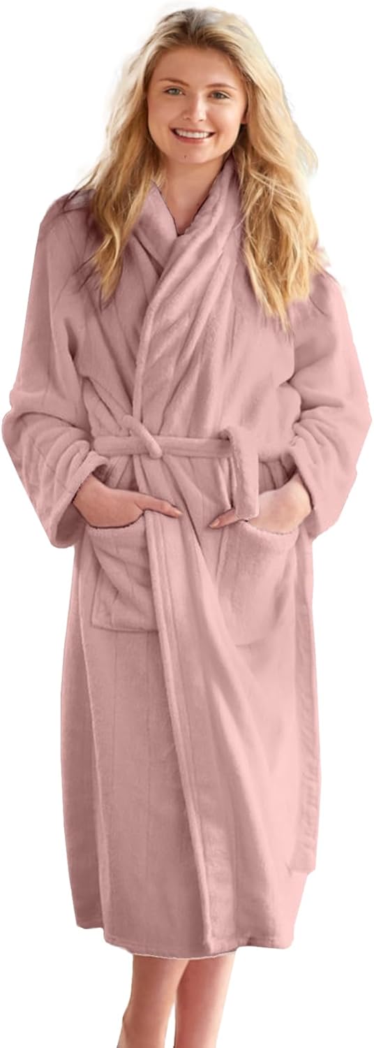 DAN RIVER 2-Piece Bundle - 1 Cotton Bathrobe & 1 Oversized Bath Sheet (40x80 Inches, 550 GSM) - White & Dusty Rose