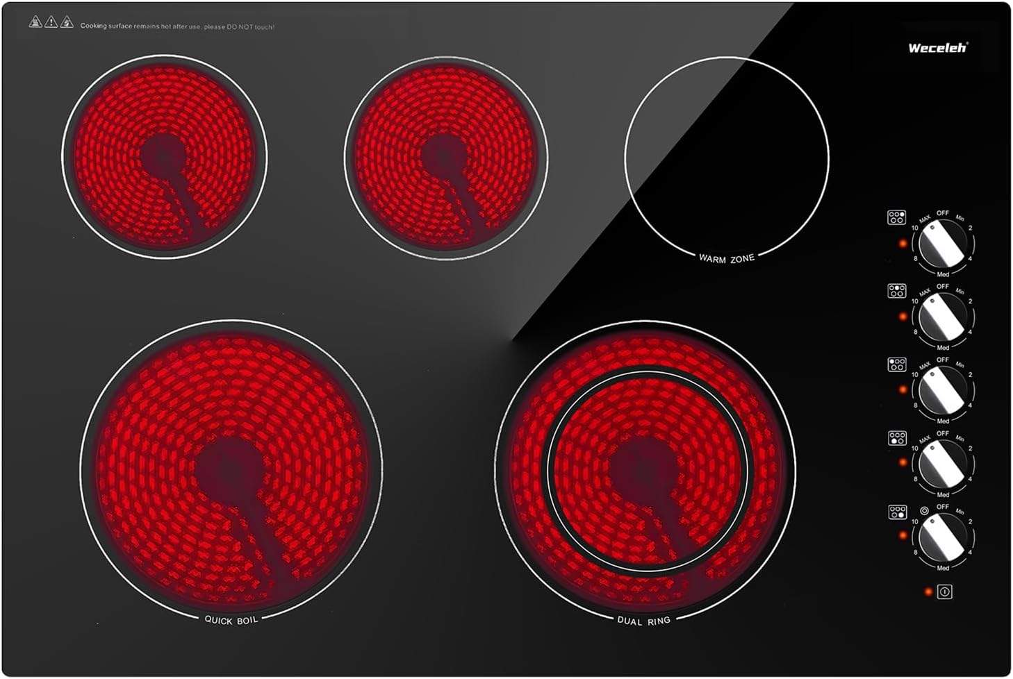 30 inch electric cooktop knob control and ceramic glass surface