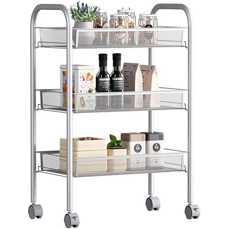 Kaitou キッチンワゴン キャスター付き 3段 カート メッシュ バスケット スチール ラック メタル シェルフ 棚 おしゃれ すき間 小物 収納 新生活 雑貨 (シルバー) [並行輸入品]