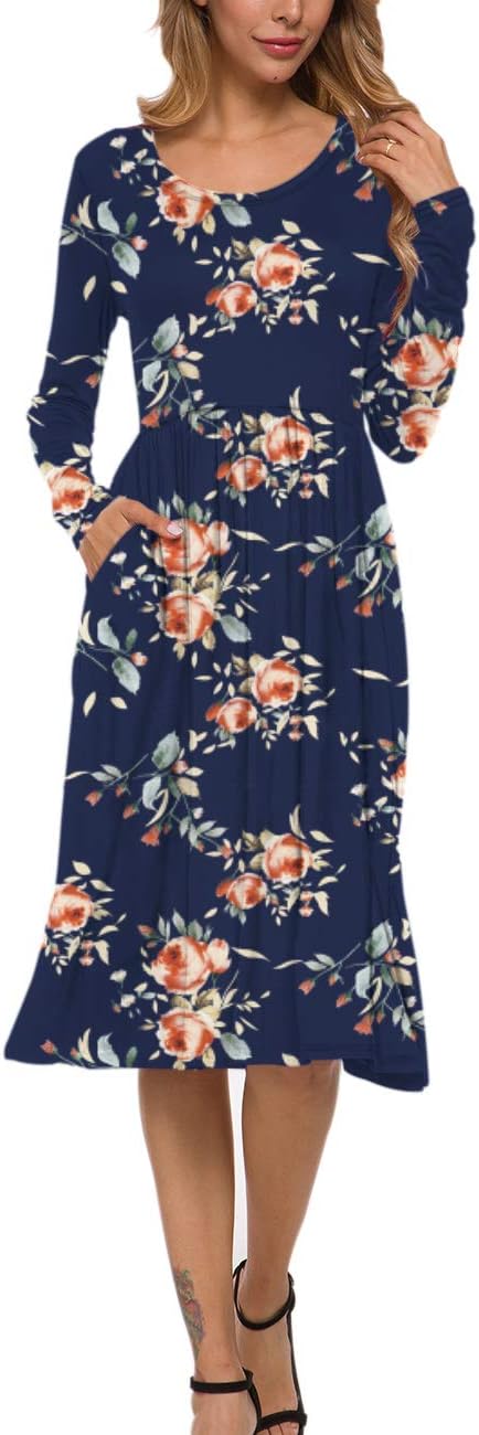 MISFAY Women's Long Sleeve Midi Dress Loose Casual Empire Waist Dresses with Pockets(Rose Navy Blue,M) - Image 2