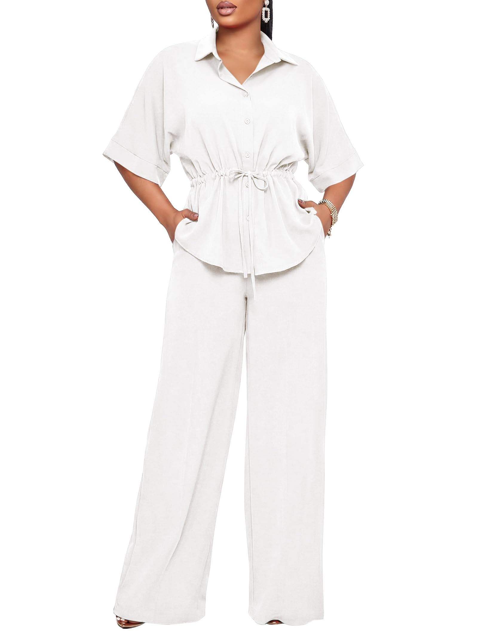 Two Piece Sets for Women Dressy Short Sleeve Button Down Shirt Top Flared Pants Sets Business Pantsuits-image-17