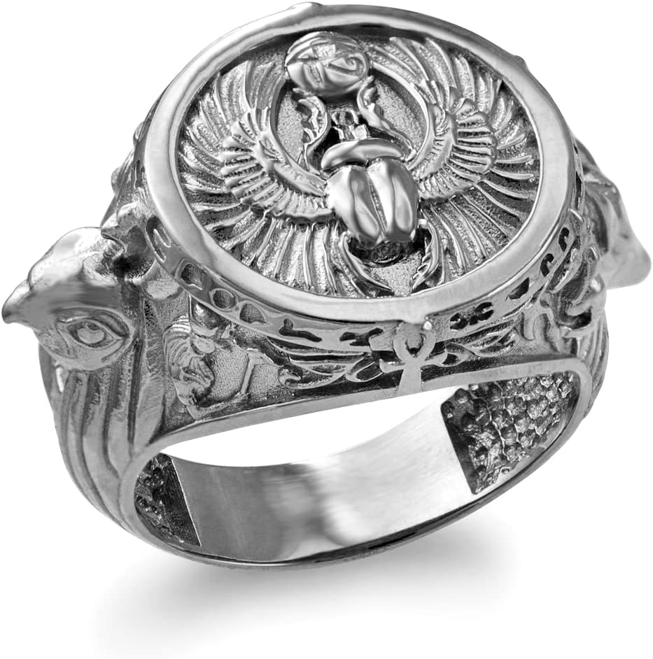 LA BLINGZ 14K White Gold Ancient Egyptian Mythology Scarab Beetle Anubis Horus Ring