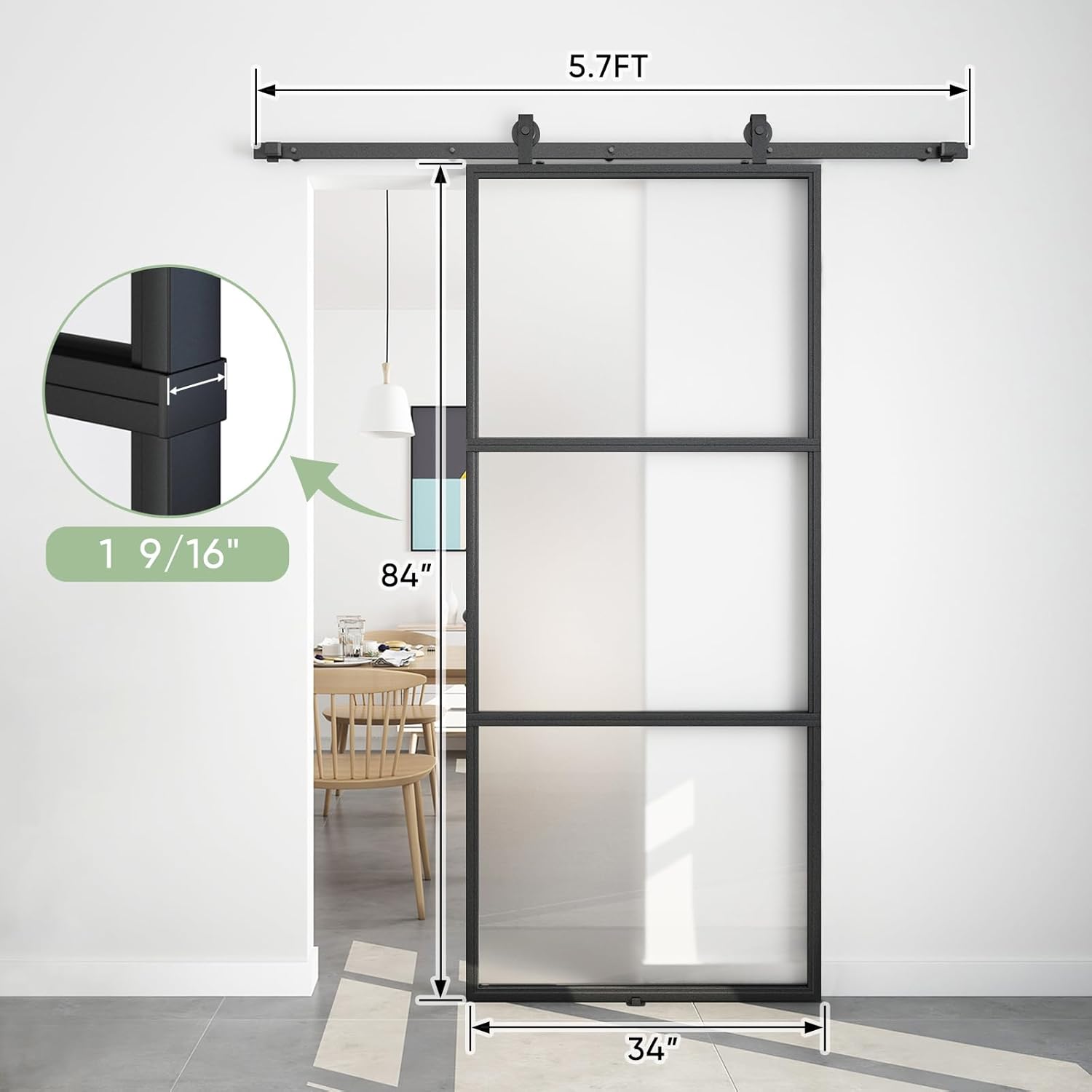 BARNSMITH 34in x 84in Frosted Glass Barn Door with 5.7FT Top Mounted Hardware kit Include Soft Close Mechanism Black Carbon Steel Tempered Frosted Glass Sliding Door, Easy Assembly