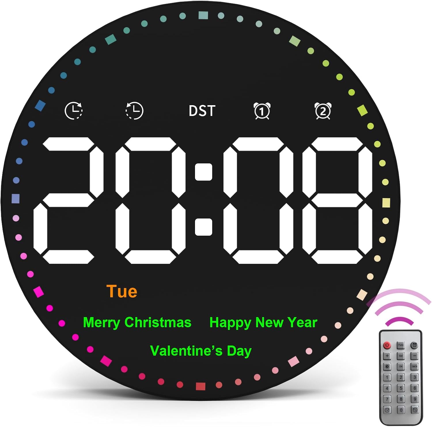 Digital Wall Clock with Remote Control, 10" Wall Clock with Large Display, LED Digital Clock for Classroom, Office, Auto-Dimming with Coloured Second Hand, Festive Tips, DST, Temperature, Wall decor
