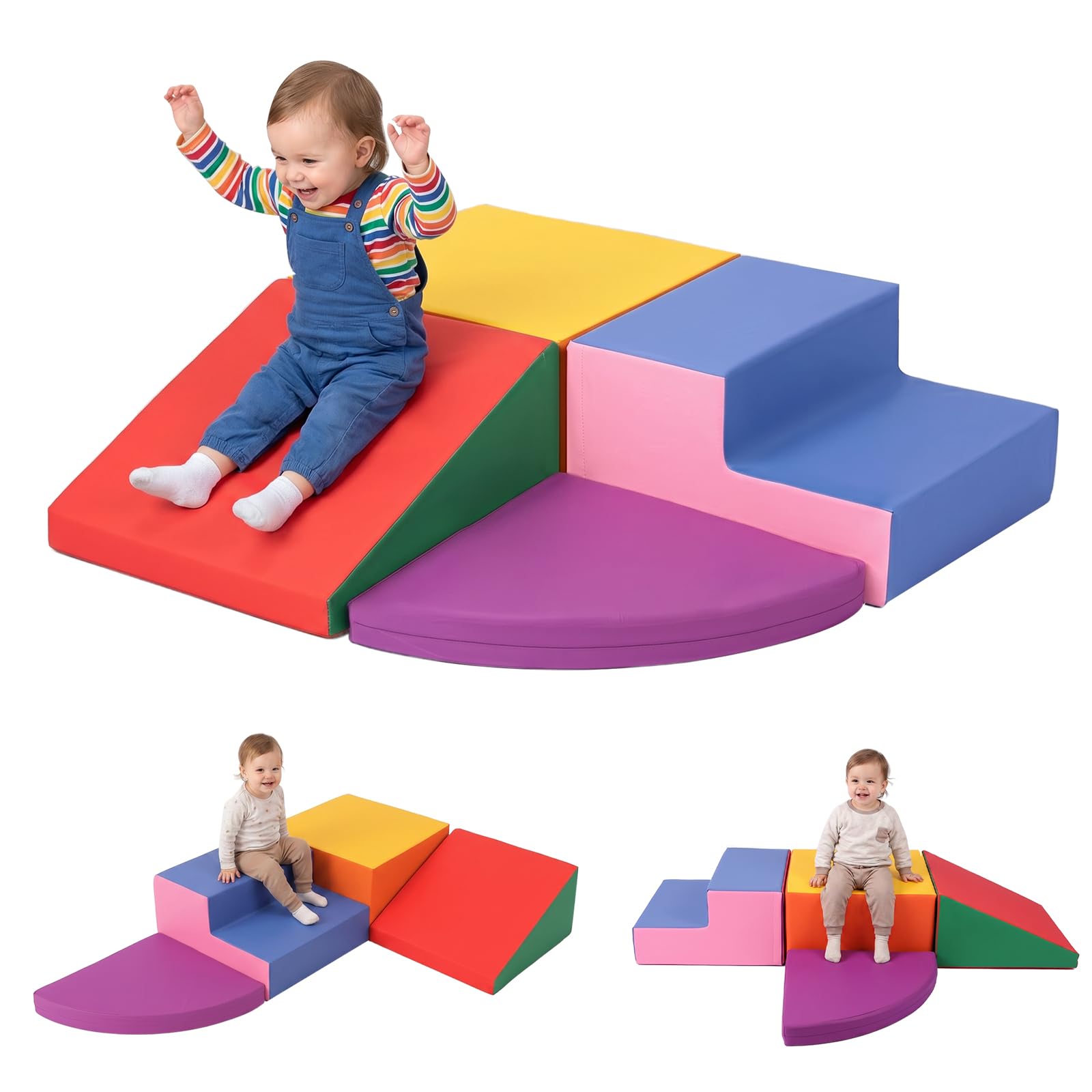 Kynorva Soft Foam Climbing Blocks for Toddlers, PU Leather Play Set with Stairs & Slide, Indoor Activity Toy for Motor Skills (Colorful Set)