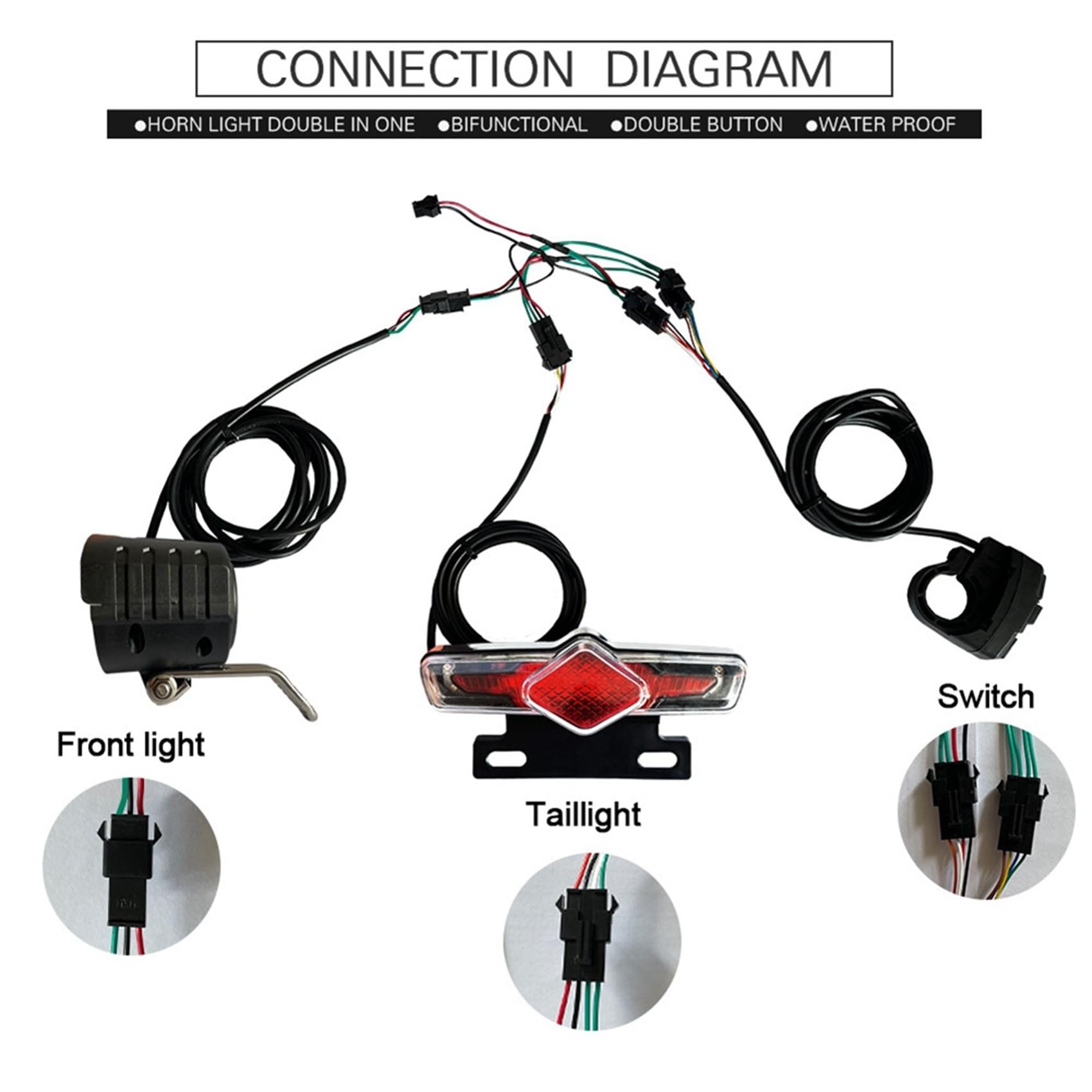 Lot de 2 feux et arrière pour vélo électrique - Entrée 36 V 48 V 52 V 60 V - Avec DK336 - Interrupteur de rotation - Éclairage de vélo électrique