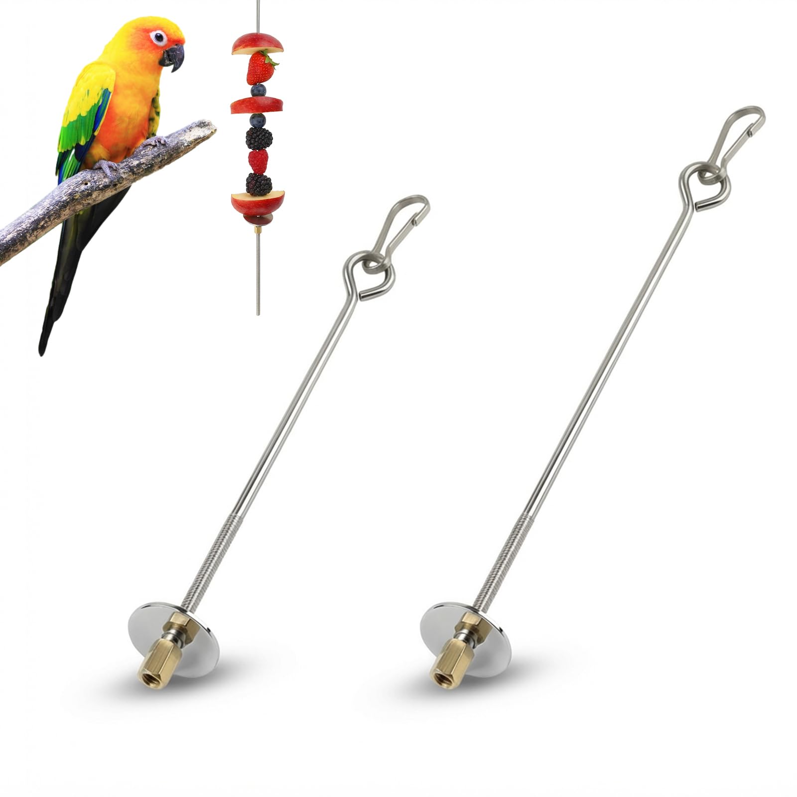 Bird Cage Food Holder - 2 Pcs Stainless Steel Parrot Fruit Vegetable Skewer Bird Cage Feeder, Birds Foraging Toys with Hooks for Parakeets, Budgies, Macaws