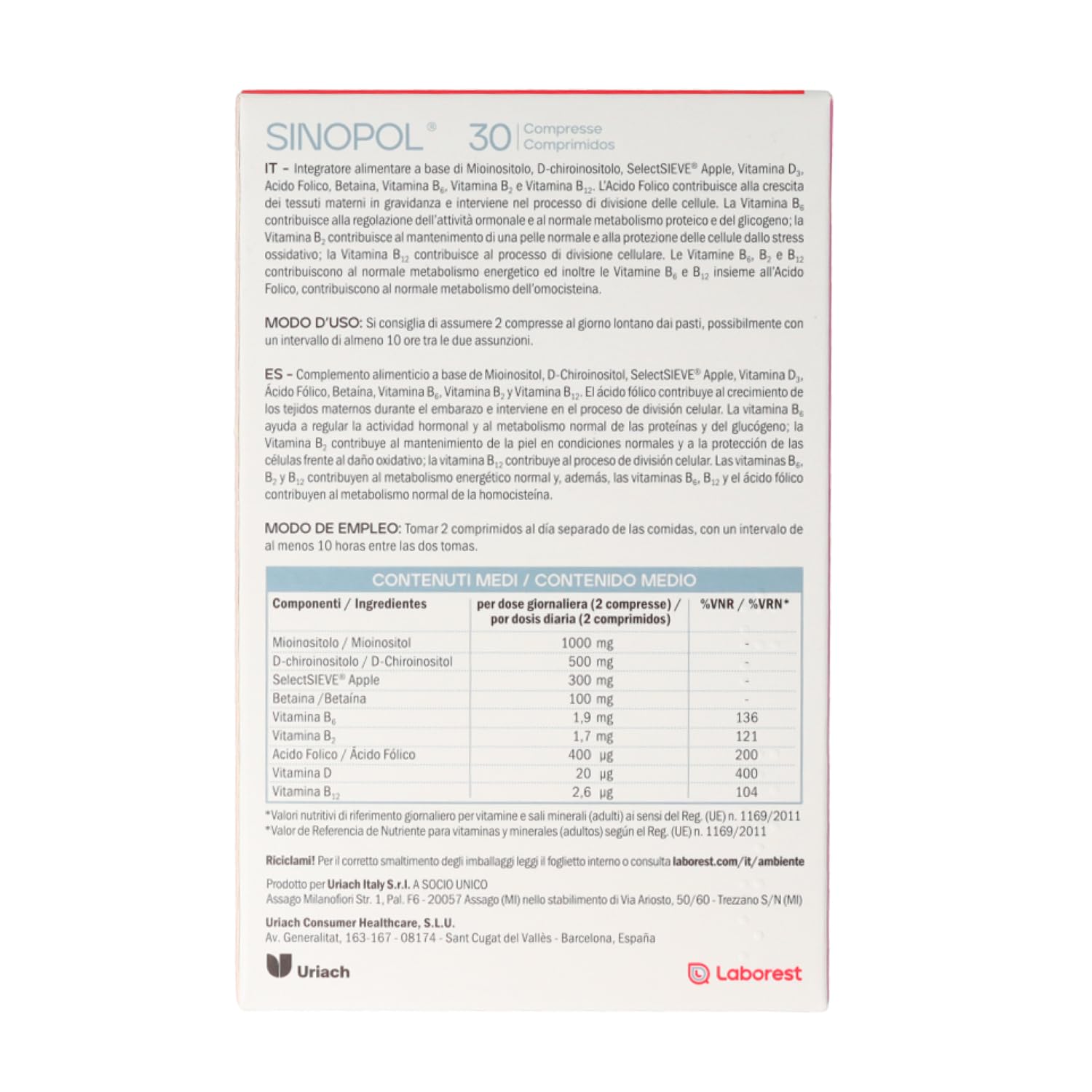 Laborest | Sinopol Fast Slow | 30 compresse | Vitamina B2, B6, B9 è B12 | Acido Folico, Lipoico, Mioinositolo | Betaina