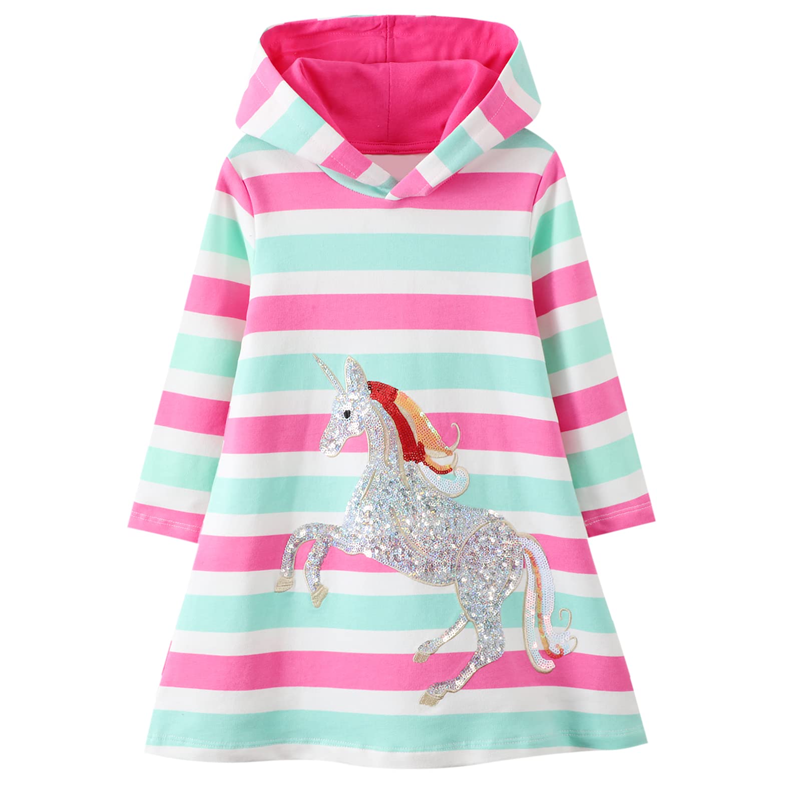 Mädchen Kleid Baumwolle Langarm Kapuzenpullover Streifen Blumen Pulloverkleid Kapuze Pullover Kleider Hoodie Sweatshirt Hoodiekleider Kapuzenkleid Top Frühling Herbst Winter Kinder 2-7 Jahre