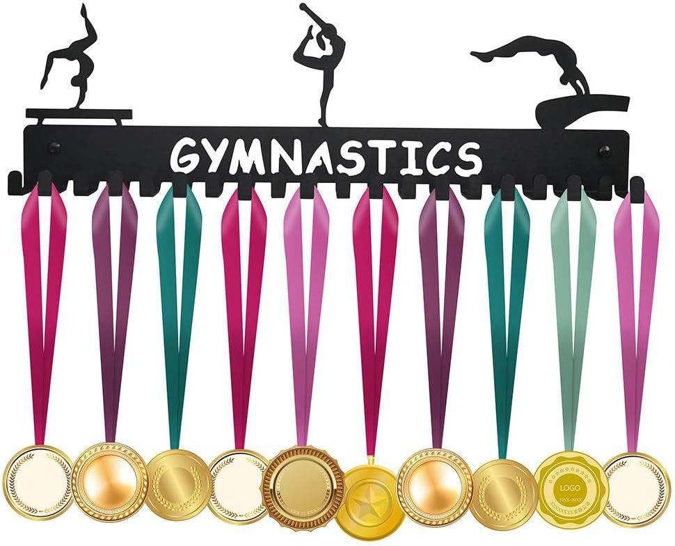 Sports Medal Hanger Display Holder Hook Rack for 40 Medals - Gymnastics (16" Wide with 20 Hooks) - Black- Awesome Gifts