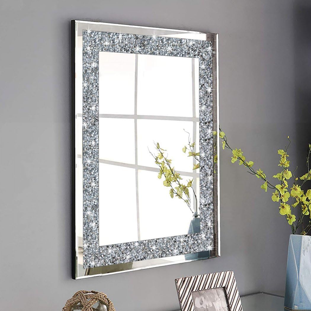 QMDECOR Crystal Crush Diamond Rectangle Silver Mirror for Wall Decoration 20x28inch Wall Hang Frameless Mirror Glass Diamond Decor.