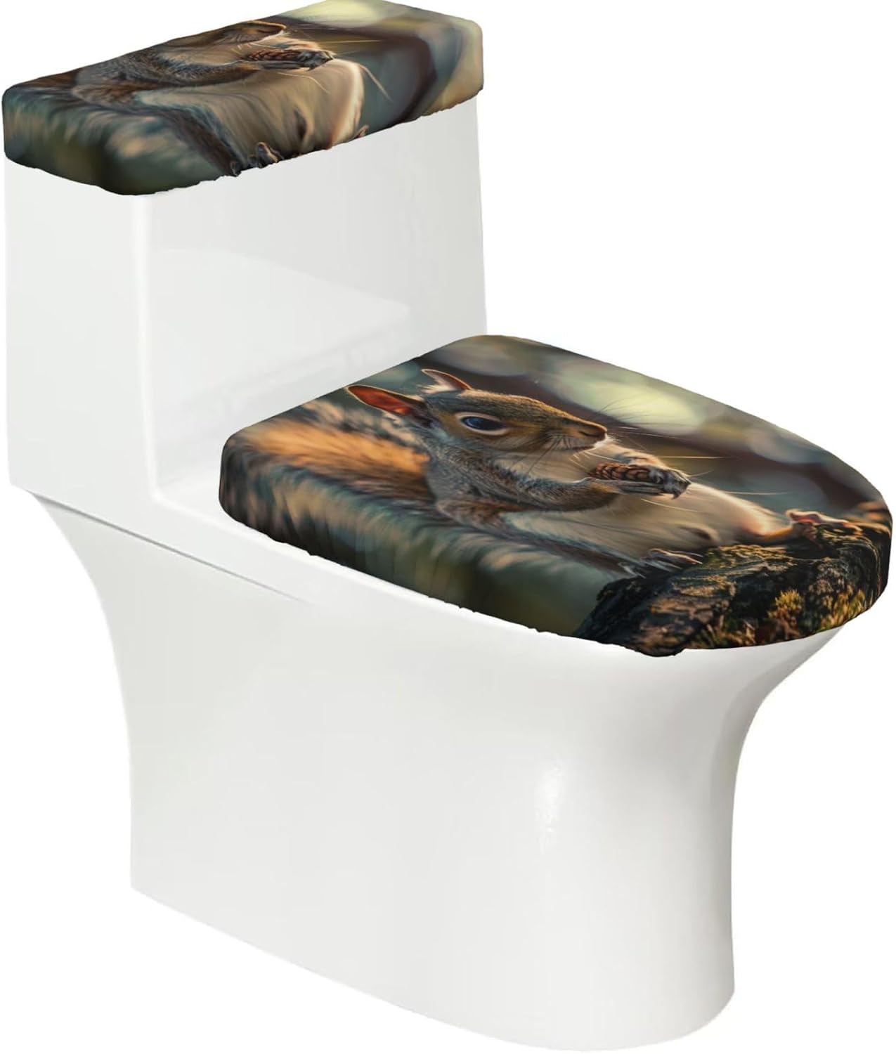 Squirrels In The Forest Toilet Lid Cover and Toilet Tank Lid Cover Set, 2-Piece Bathroom Toilet Lid Seat Cover Set Polyester Set for U/O/Long Shape Toilets
