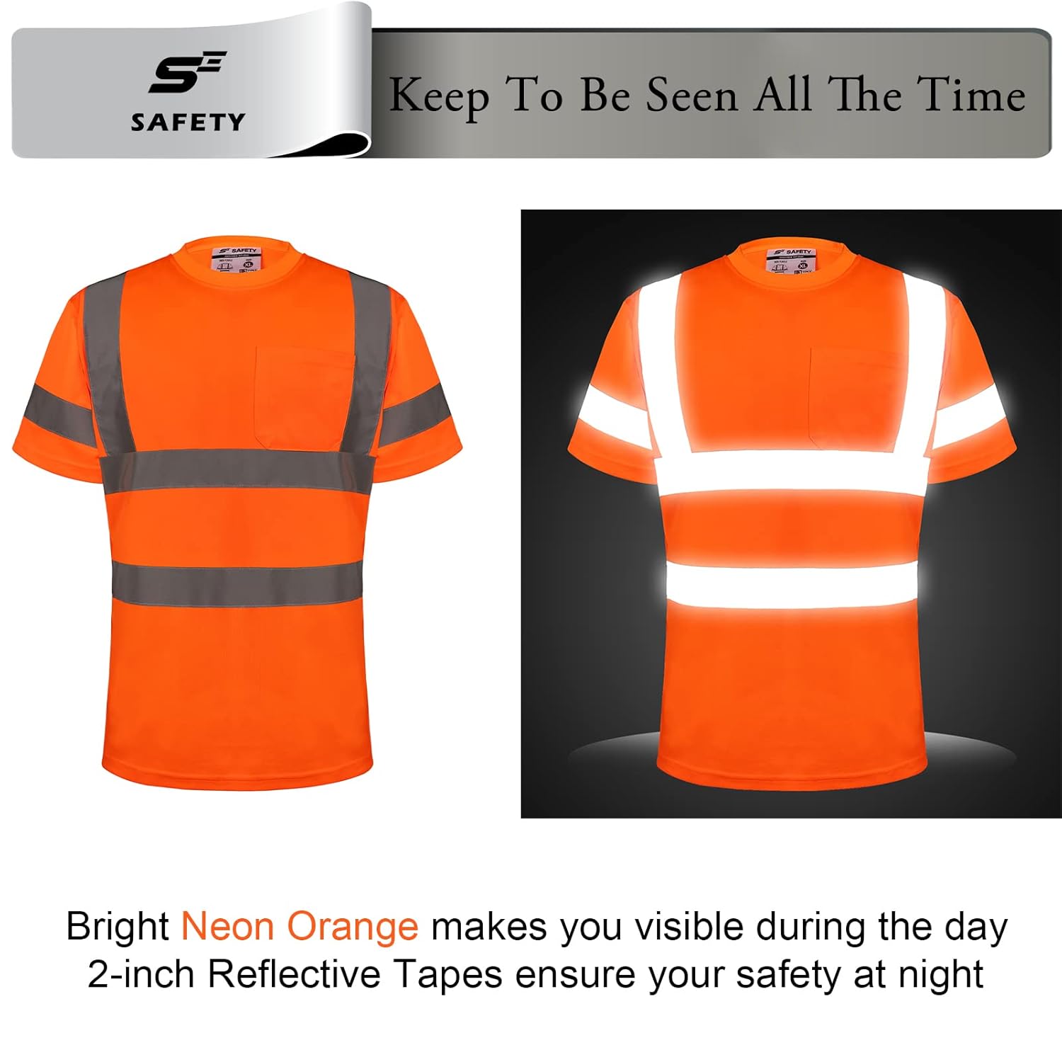 High Visibility Shirts for Men Class 3 Hi Vis Reflective Construction Shirts for Men with Pocket Safety T Shirt for Mens Work Shirt for Mens Short Sleeve Orange - Image 3