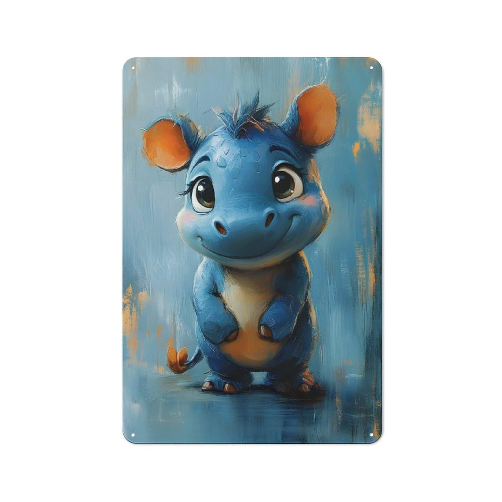 Junmoney Cute Blue Rhinoceros Printed Metal Sign 30X20cm For Café Or Restaurant, For Hospitality Interior Collectors