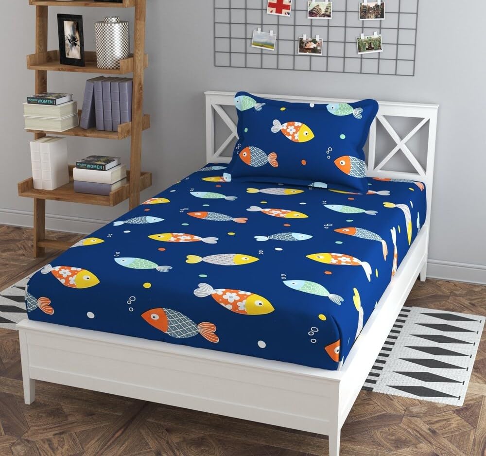 Kids bedsheets for Single Bed Made with Microfiber 240 TC Wrinkle Free Soft | Cute Fish bedsheet for Kids Small Size (90x60 Inches/Boys Girls Room)(Blue and Yellow)