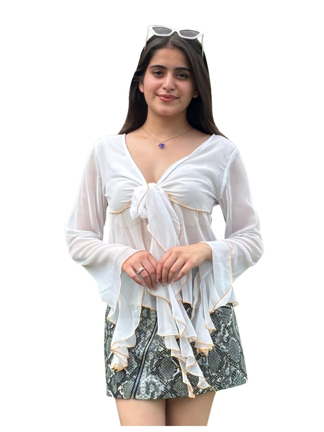 Women's Solid White Georgette Top Regular Fit Bell Sleeves Top for Womens Soft & Breathable & Comfortable Outfits for Office, Casual, Festive & Party (11009)-image-36