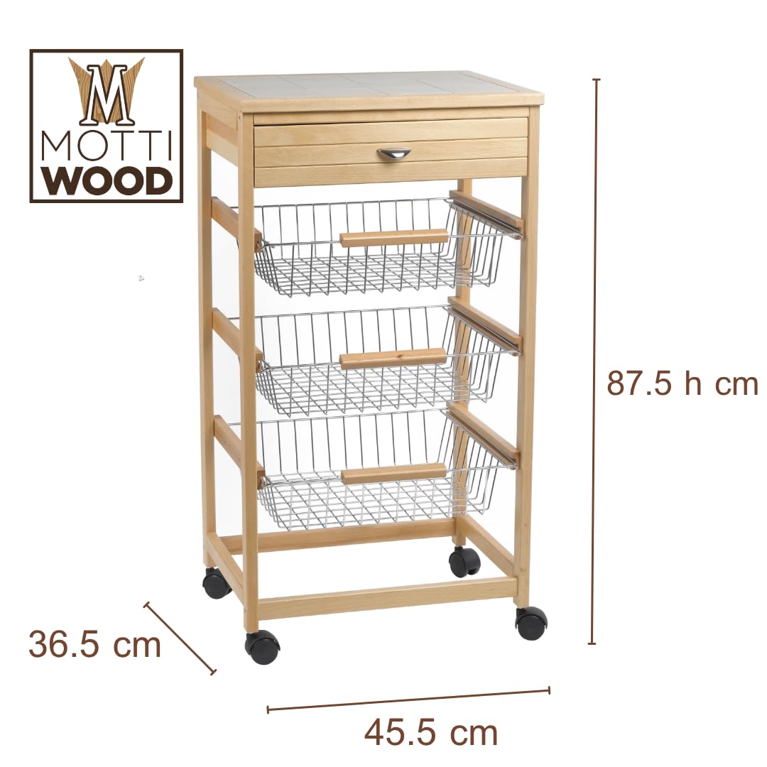 Mottiwood Carrello da Cucina in Legno, Ruote Girevoli, Legno di Faggio, 3 Cassetti Salvaspazio, Dimensiono: L 45.5 x H 87.5 x P 36.5 cm