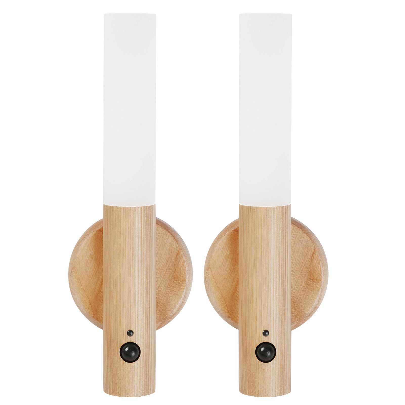 LANDGOO LED Automatic Motion Sensor Lights Wall Lamps Set of 2 Sconces Battery Operated Rechargeable Portable Magnetic 360° Rotation Cordless for Bedroom Bedside (White Ash Wood 2pcs)