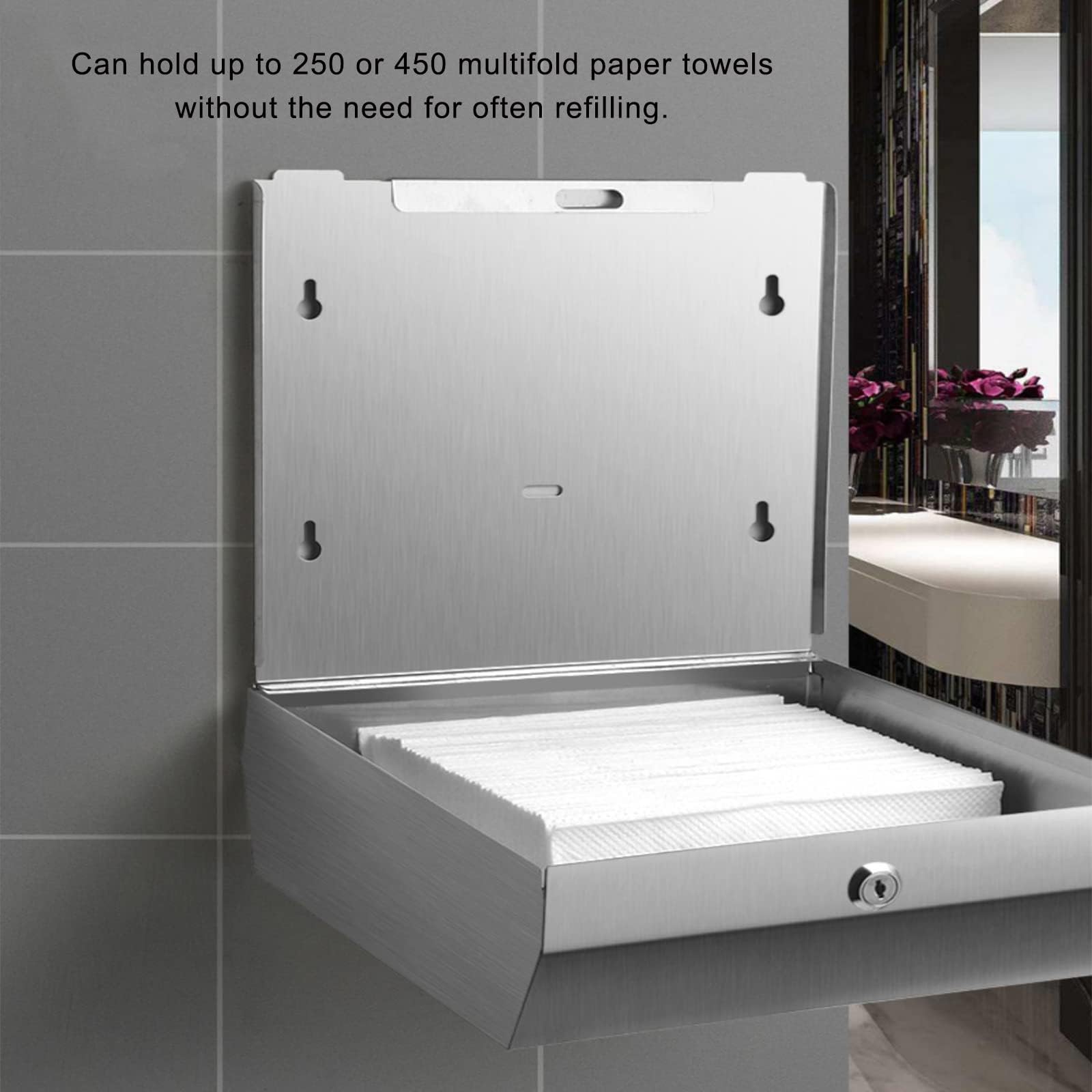 Dispenser di asciugamani di carta in acciaio inox, montaggio a parete, dispenser di asciugamani con serratura, pieghevole a tre volte/C, per bagno, cucina, ufficio, grande capacità 300,