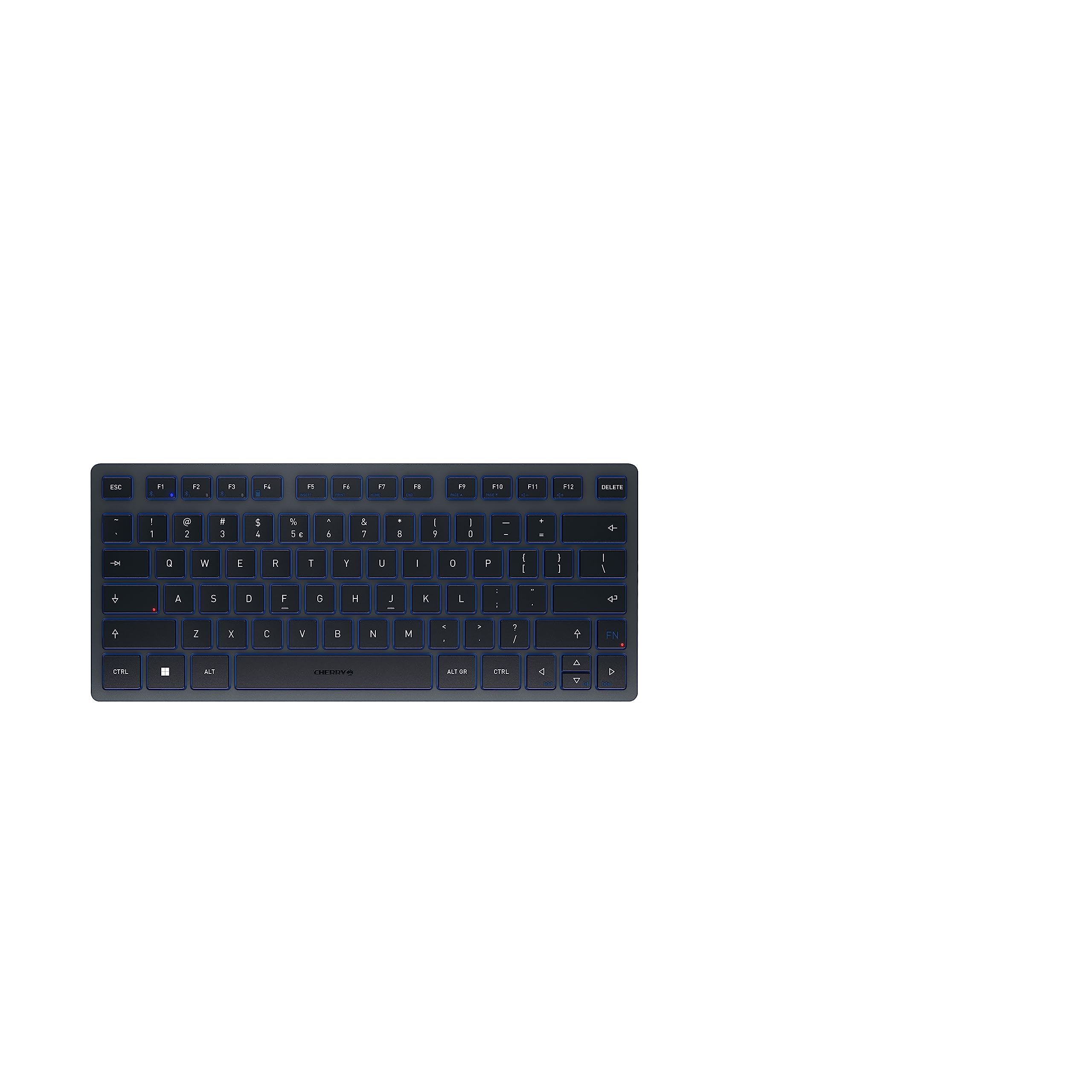 CHERRY KW 7100 MINI BT, Kompaktowa Klawiatura Do Wielu Urządzeń z 3 Kanałami Bluetooth, Układ US-International (QWERTY), Płaska Konstrukcja, z Futerałem, Slate Blue