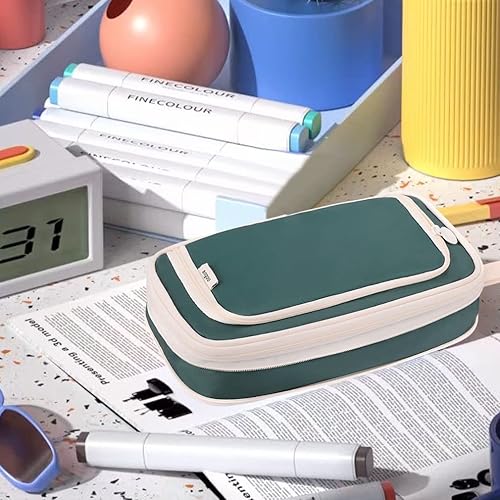 Miniatura 5 de iSuperb Estuche para lápices de gran capacidad, bolsa portátil para bolígrafos con 2 compartimentos, organizador de bolígrafos verde oscuro para la