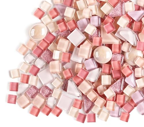 200g Irregular Crystal Mosaic Glass Tiles for Crafts, Mixed Color Small Mosaic Glass Pieces DIY Hobbies Children for Home Decoration (Pink)