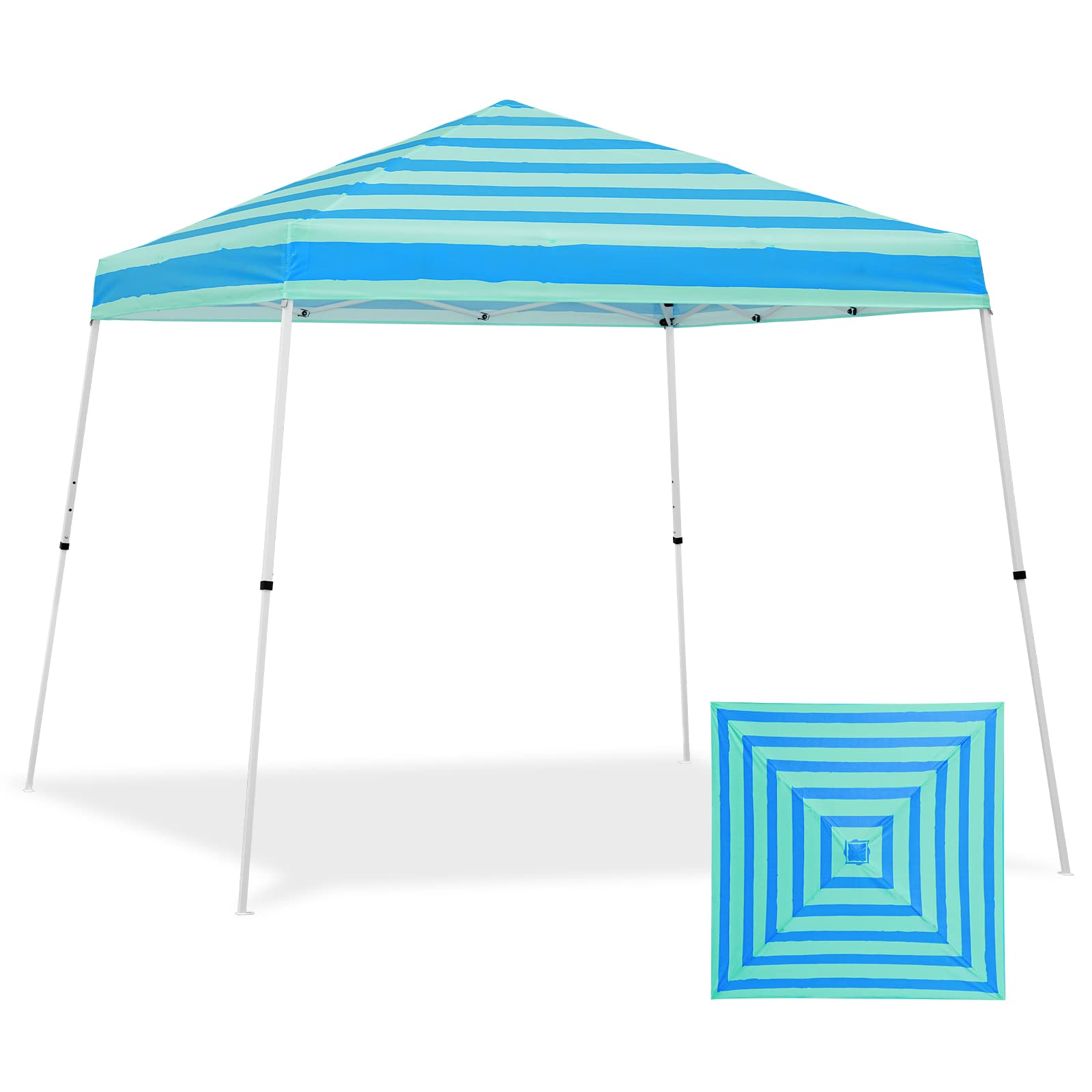 EAGLE PEAK 10x10 Slant Leg Pop-up Canopy Tent Easy One Person Setup Instant Outdoor Beach Canopy Folding Portable Sports Shelter 10x10 Base 8x8 Top (Green Blue Stripe)