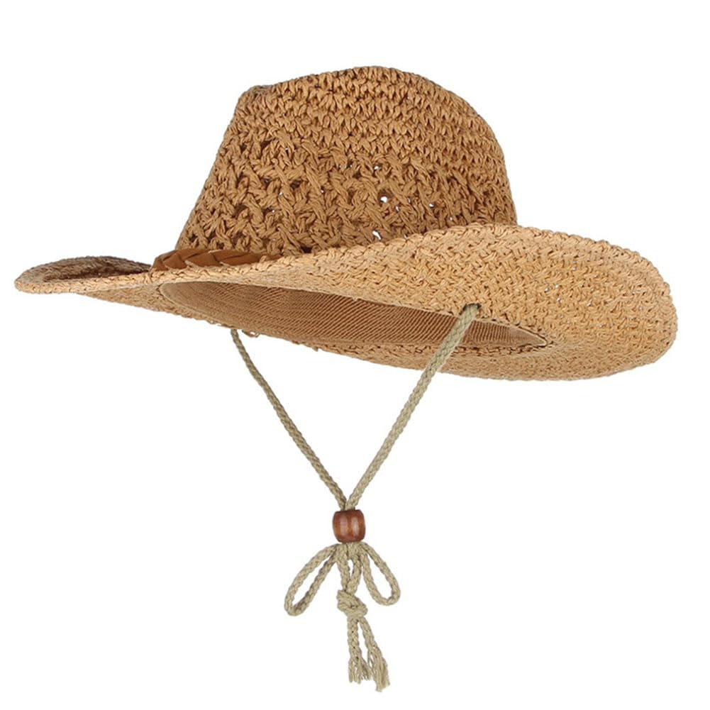 Straw Cowboy Cowgirl Hat for Men Women Classic Wide Brim Western Straw Hat Fedora Panama Hat with Chin Strap Summer Sun Hat Khaki