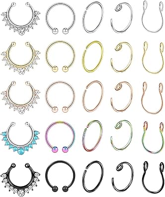 25Pcs Stainless Steel Fake Nose Ring Hoop for Men Women Faux Lip Ear Septum Ring Non-Pierced Body Jewelry