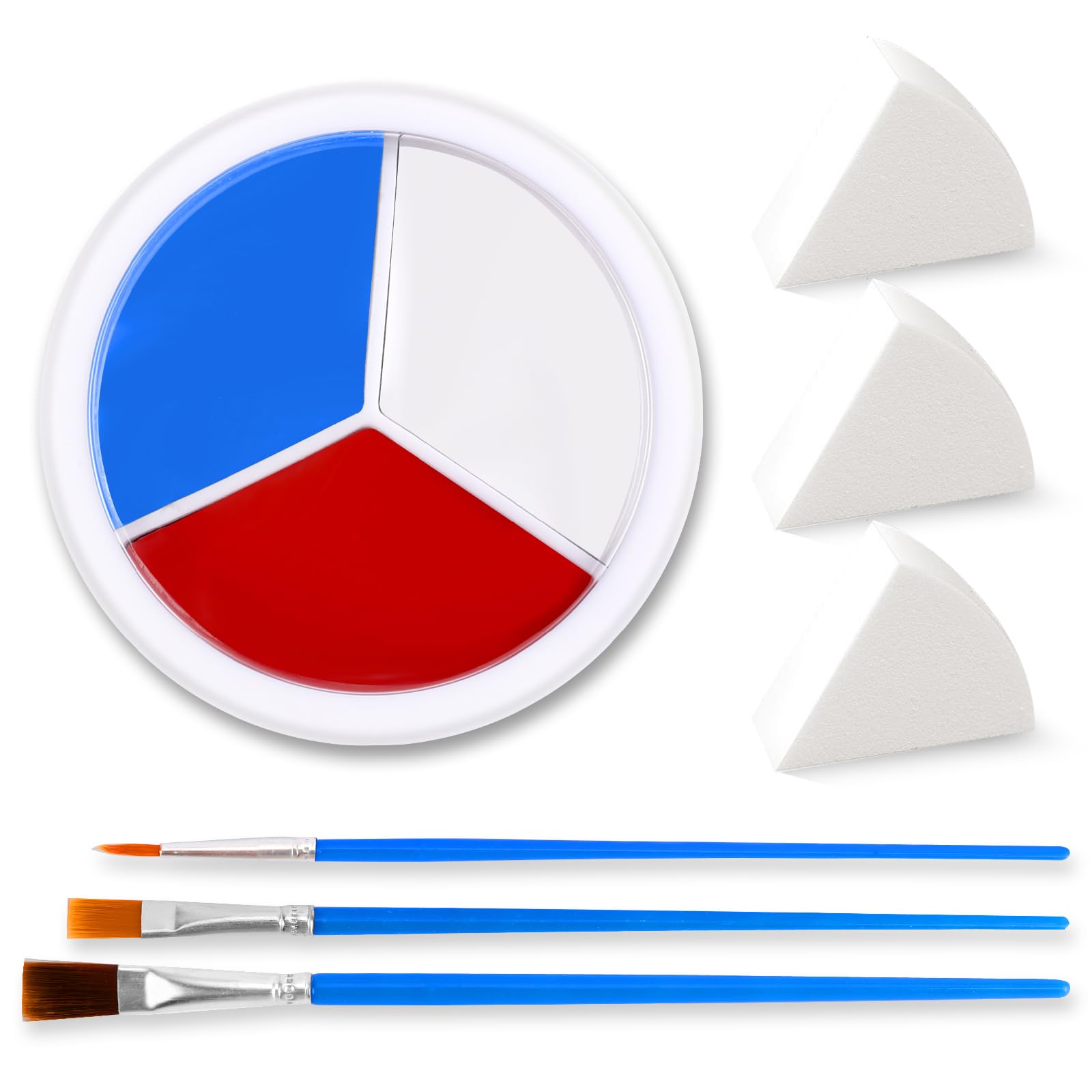 3 Colors Face Body Paint [Blue White Red] + 3pc Sponge + 3pc Brush, USA Themed Accessories Flag Color Eye Black for Sport, Face Paint Halloween Makeup