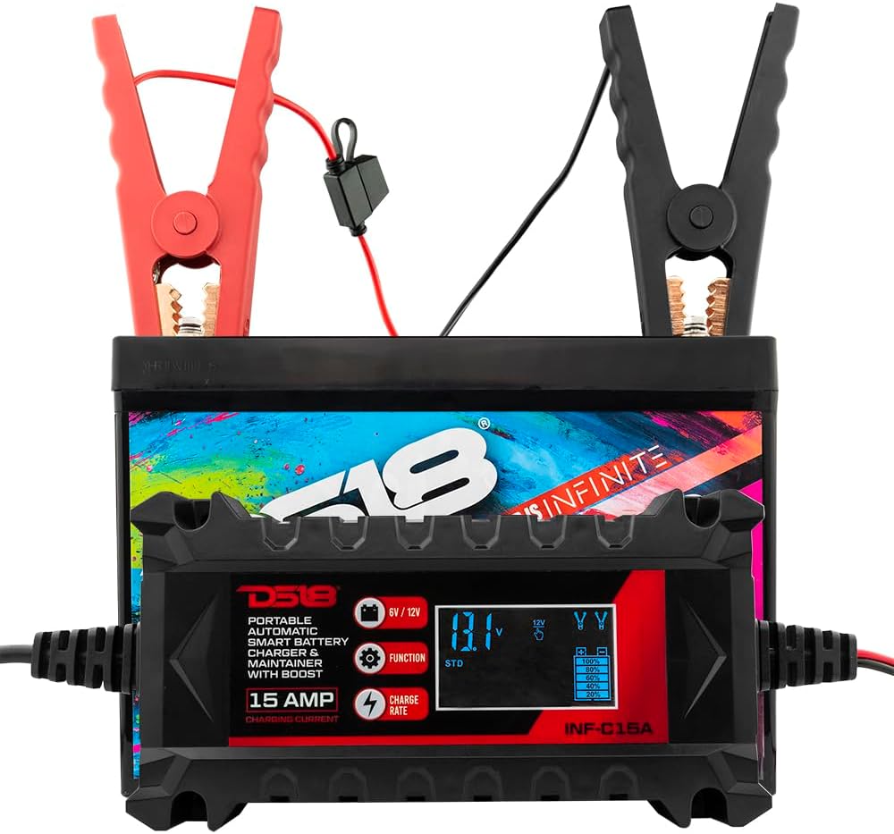 DS18 INF-C15A 6V/12V Portable Automatic Smart Lithium and AGM Car Battery Charger & Maintainer with Boost 15A - Trickle Charger, Float Charger for Motorcycle, ATV, Lithium and Deep Cycle Batteries