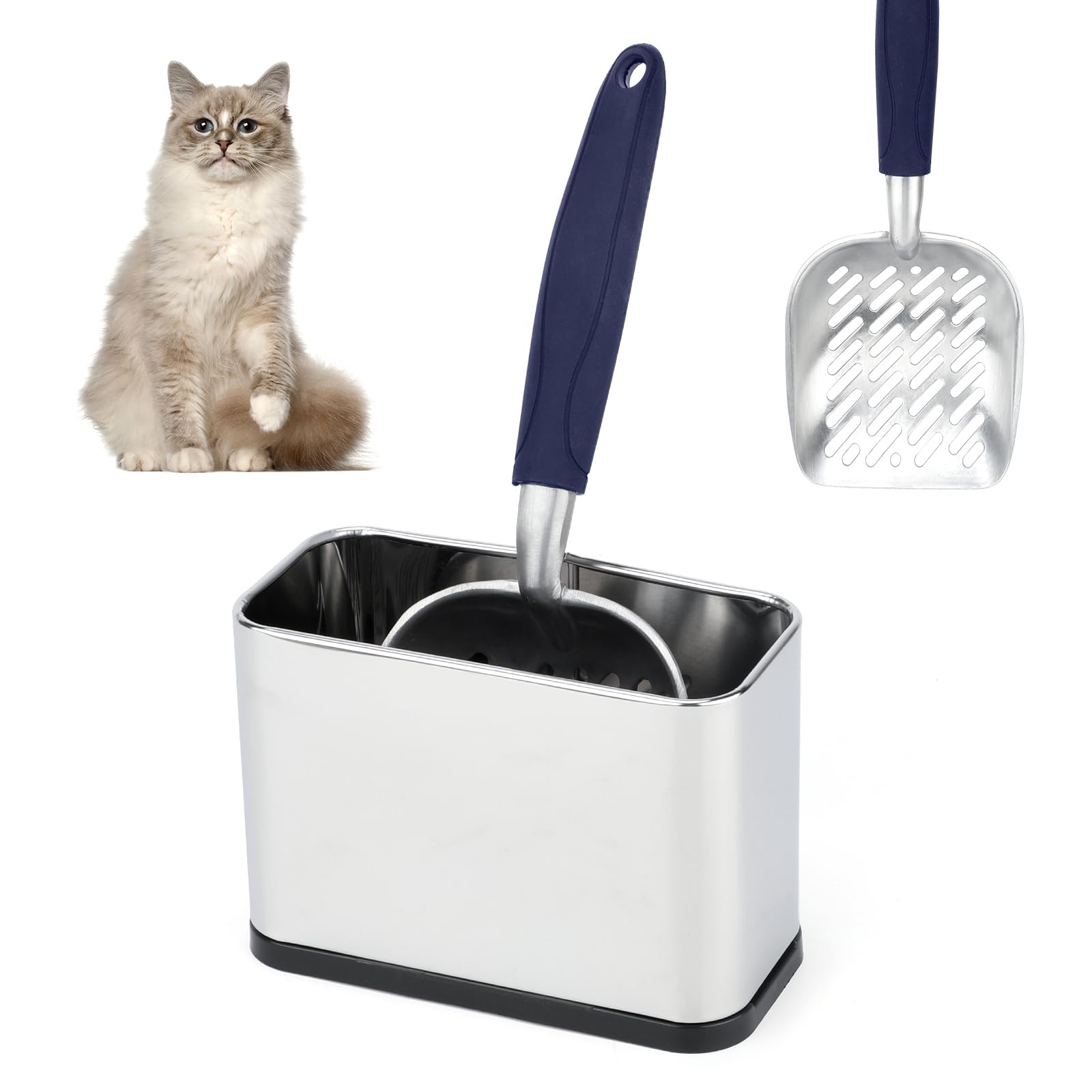Heavy-Duty Cat Litter Scoop with Holder,Metal Cat Scooper Holder Trash Container,Aluminum Kitty Poop Sifting Shovel Captures All Clumps,Speed Sifter Litter Box Scooper with Cats Caddy(Blue)