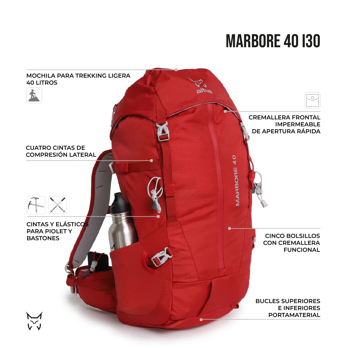 MARBORE 40 I30 Mochila Ligera 40 Litros para Recorridos Técnicos, Rojo, Talla U