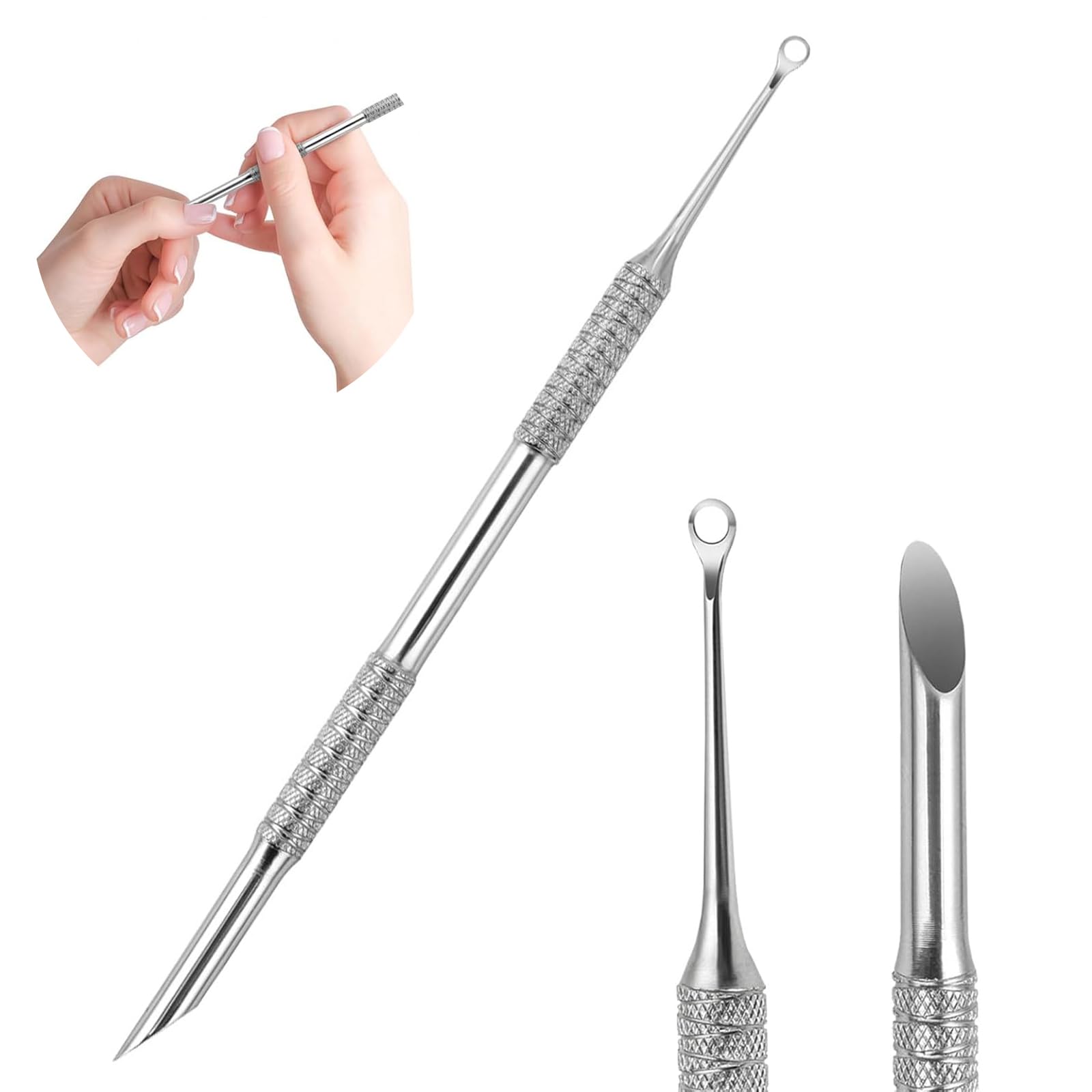 Cuticle Pusher, Tool 2-in-1 Stainless Steel Manicure Tool with Loop and Beveled Tips
