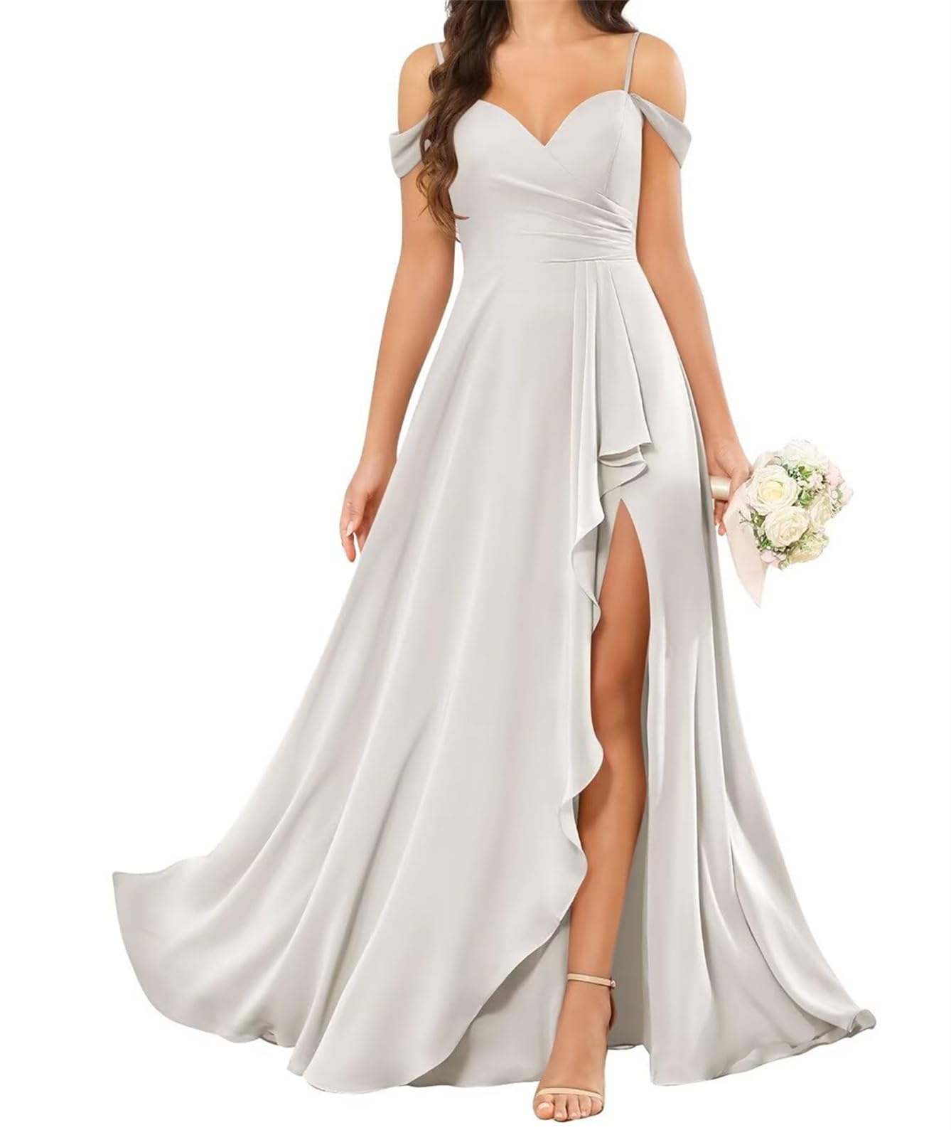 Wseyu Women's Ivory Cold Shoulder Chiffon Bridesmaid Dresses With Slit V Neck Spaghetti Straps Formal Evening Prom Party Maxi Gown Zmki469 Uk18