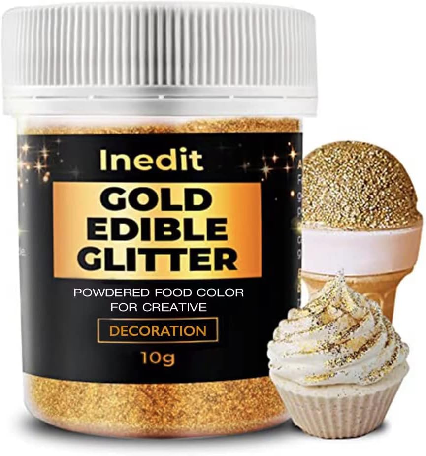 inedit Gold Edible Glitter 10g - Edible Glitter for Cake / Food / Drinks / Muffins / Icing - Cake Decorations - Edible Gold Dust / Leaf / Paint - Vegan