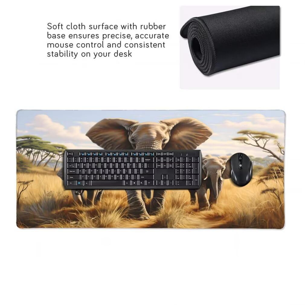 Tappetino Mouse XXL 1000x500mm Elefante Grande Mouse Pad, Tappetino Scrivania Grande Mousepad Gaming con Bordi Cuciti, Tappeto Scrivania con Base Antiscivolo per Ufficio e Casa (Prateria) -MP1554