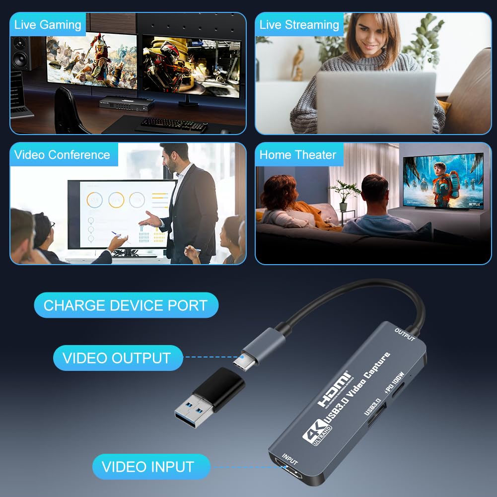 Flintronic Scheda Acquisizione Video, USB 3.0 con 100 W PD, HDMI a 4K 1080P 60 per MacOS/Quest 3/Switch/PS4/PS5 Live Broadcast Gaming Streaming