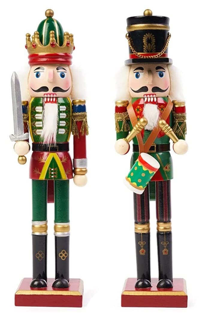 KAHEIGN 2 Pezzi Soldati Schiaccianoci di Legno, 2 Stile 30CM Figure Tradizionali dello Schiaccianoci di Natale Soldato Dipinto in Legno di Pino Premium per Casa Camino Decorazione (Tamburo & Spada)