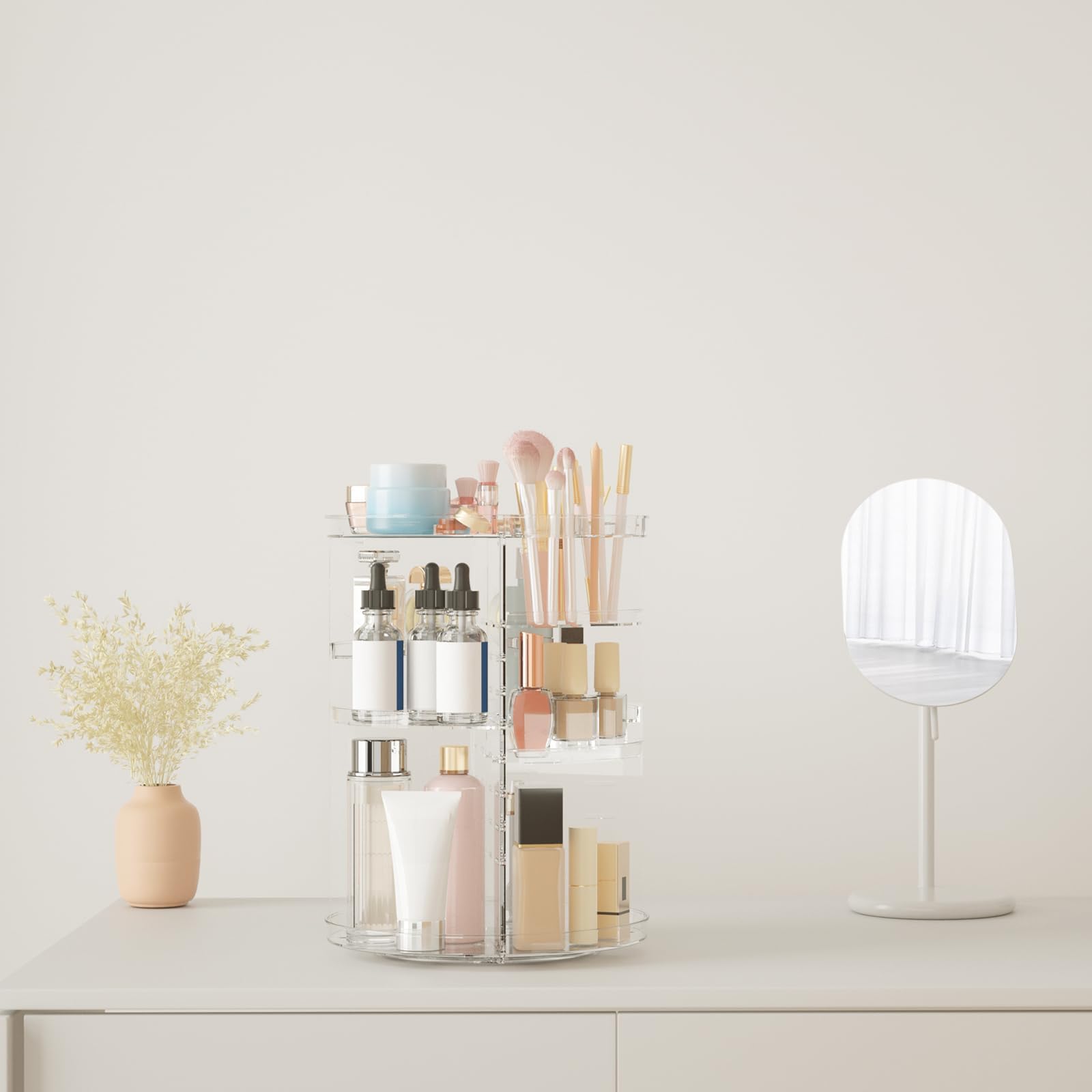 Rotating Makeup Organizer DIY 8 Layers Adjustable Rotating Skin Care Organizer Cosmetic Display Case with Brush Holder Perfume Tray Multifunctional Storage Carousel for Vanity Bathroom Countertop