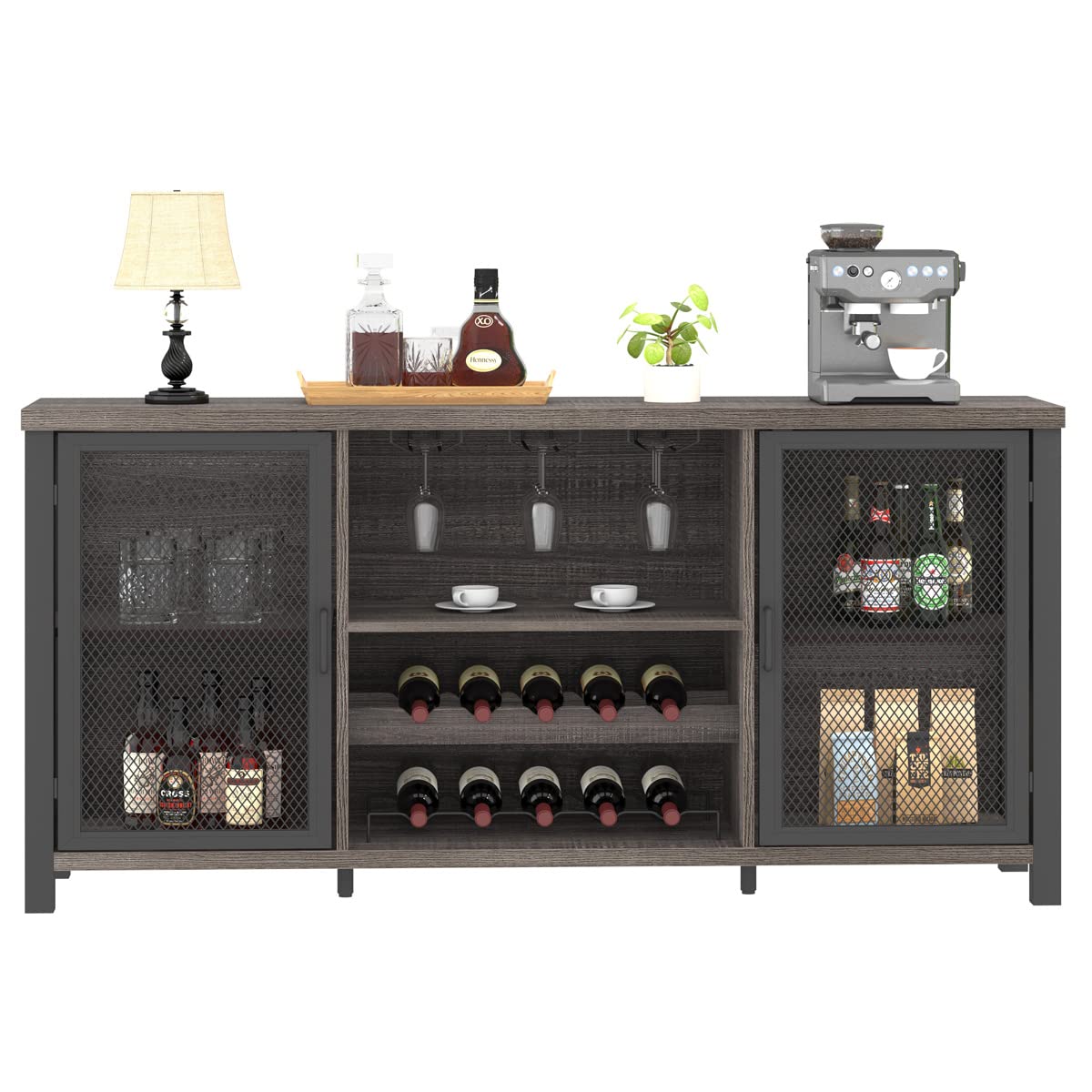 Launica Armadietto da bar per liquori, armadietto industriale per vino, credenza rustica, per liquori e bicchieri, con scaffale, per casa, cucina, sala da pranzo, rovere grigio scuro, 140 cm