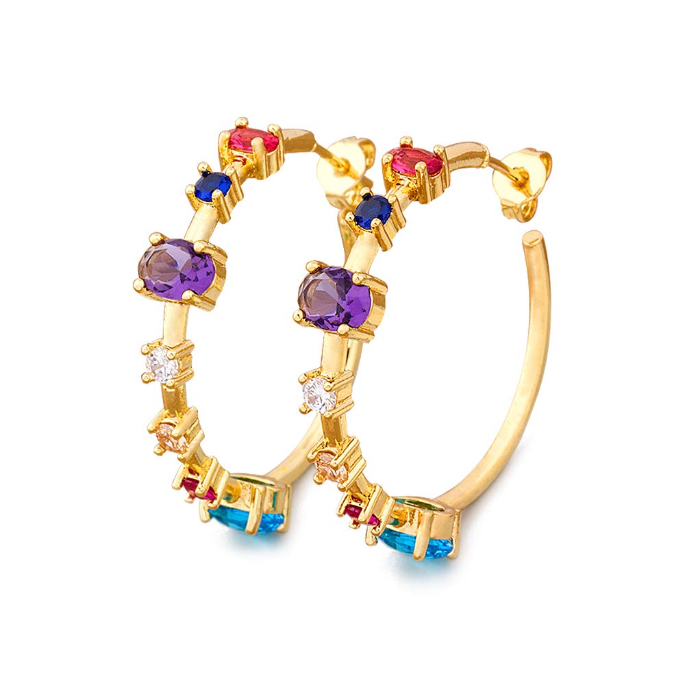 OUCHUANGBig Circle Mult-colors Crystal, Hypoallergenic Jewelry for Sensitive Ears,Gold Plated CZ Rainbow Jewelry for Women