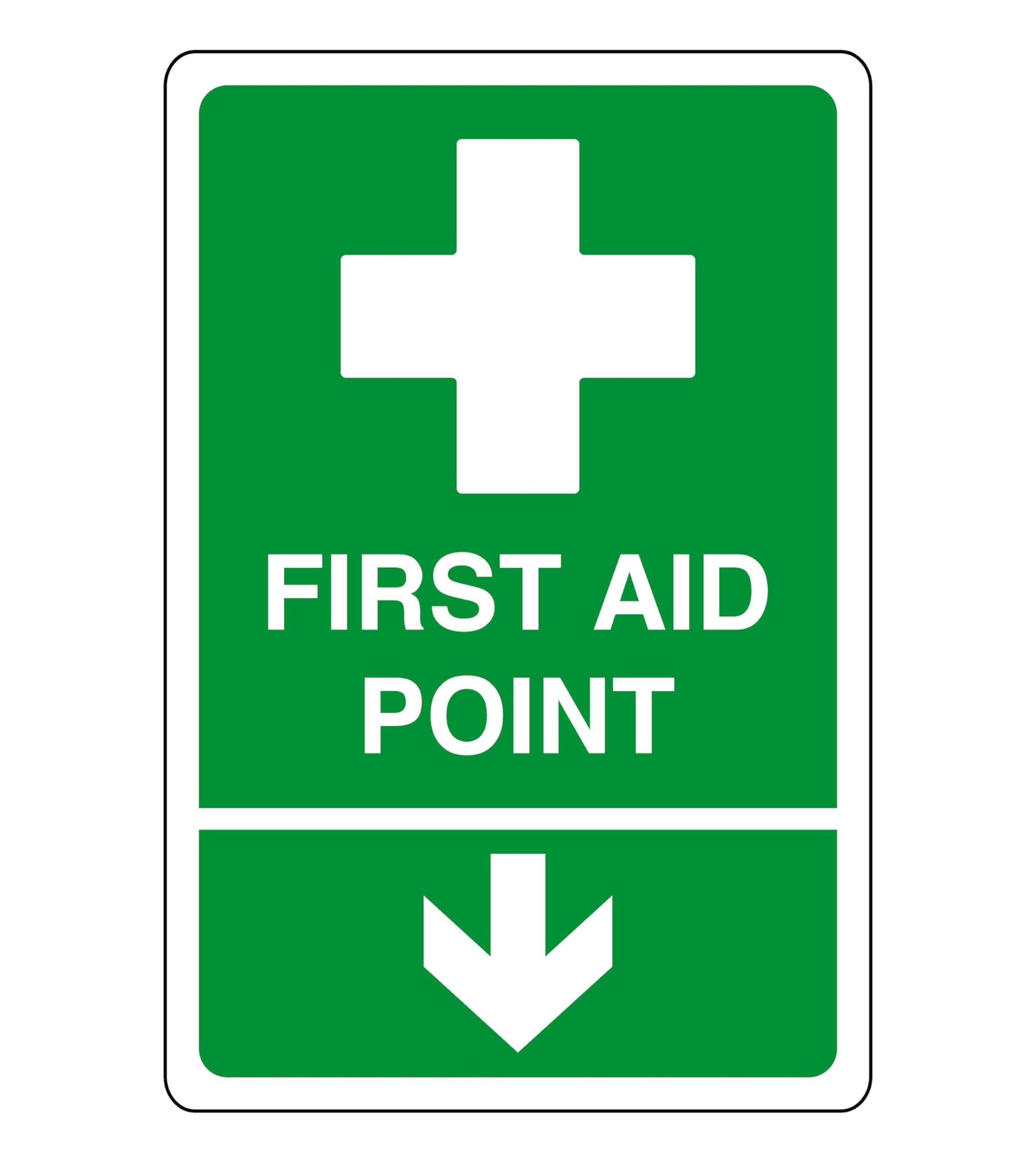 Safety First Display Ltd Green/White First Aid Point Arrow Down - Safety Sign - Aed Sign, First Aid Stickers, First Aid Kit - High Tack Self-Adhesive Sticker (300Mm X 200Mm) Viewing Distance Within 7M.