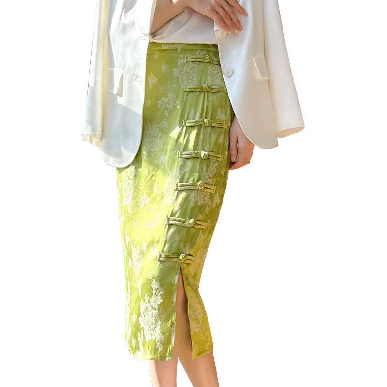 Jupe Droite en Satin De Soie pour Femme - Été Mi-Longue Taille Haute Jacquard Rétro Style Chinois Boucle Cheongsam Jupe Fendue À La Hanche, Jupe Drapée Souple Et Soyeuse À La Mode,Blan