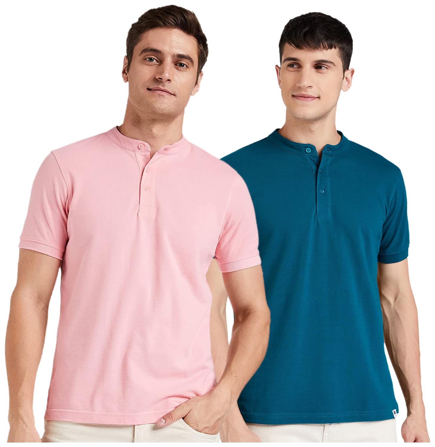 amazon brand - symbol Men's Cotton Rich Polo T Shirt | Mandarin Collar Tshirts | Half Sleeves | Plain - Regular Fit (Pink + Fog Teal_L) (Combo Pack of 2)-picture-19