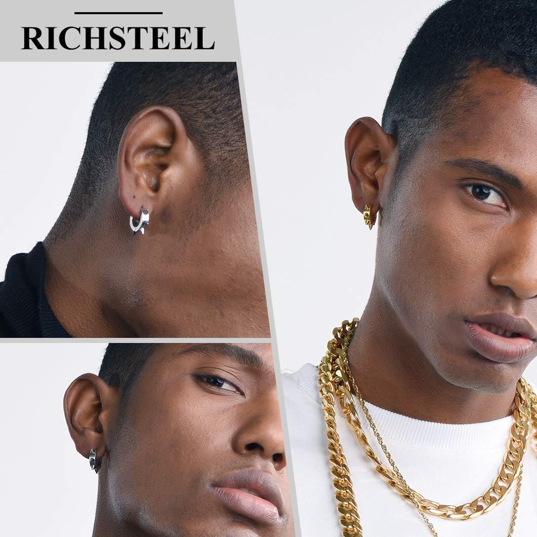 Richsteel Stainless Steel Spike Earrings for Men, Punk Hoop Earrings Men