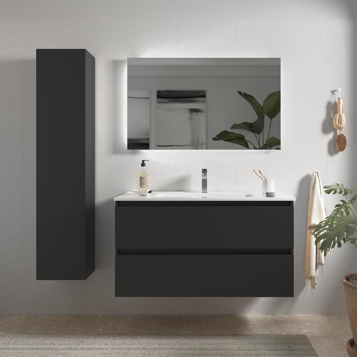 Mueble de baño Bequia 100 cm con Lavabo 100% montado de fábrica | Acabado Negro Mate suspendido 2 cajones Cierre amortiguado Apertura con uñero | Lavabo Porcelana Blanca | Marca Salgar