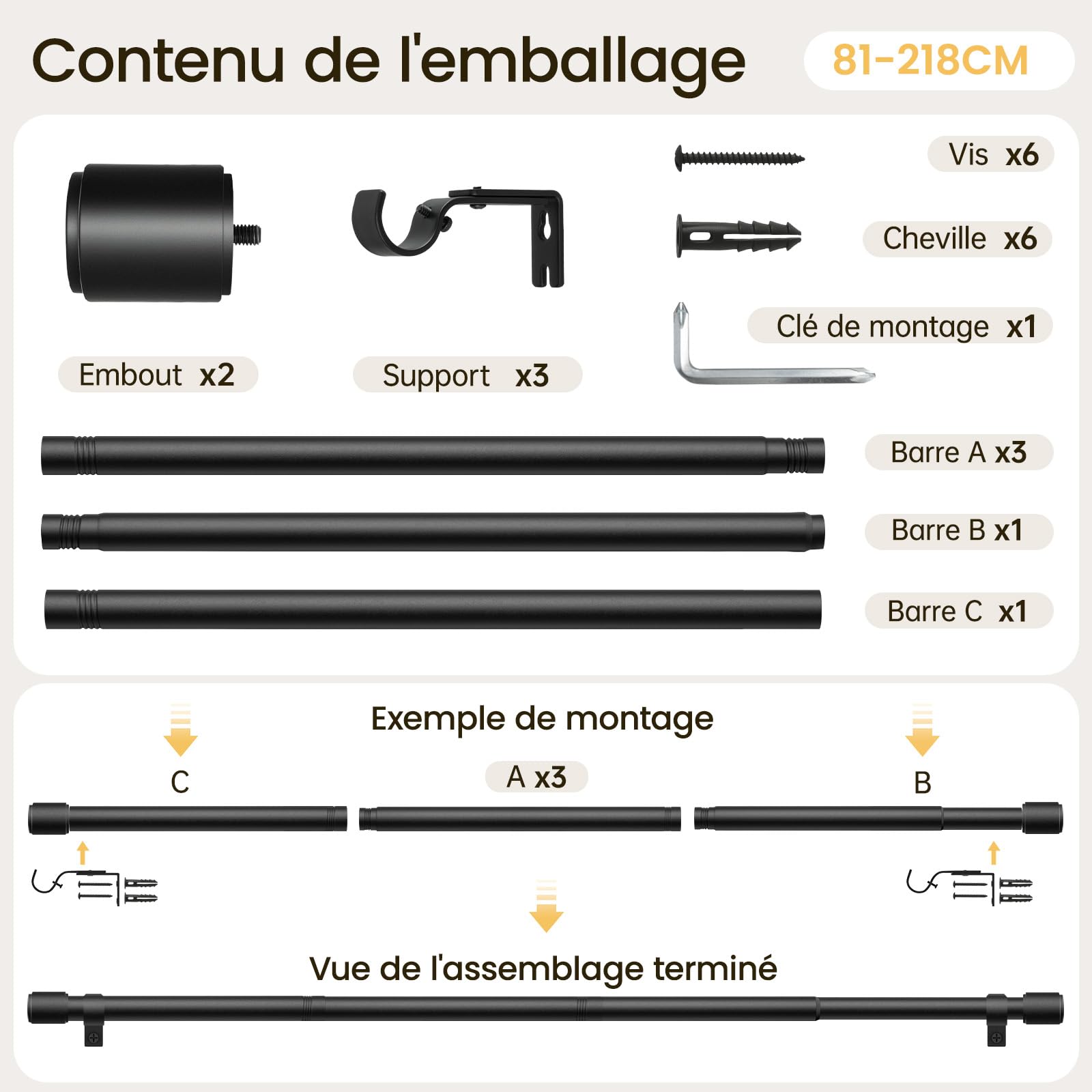 Tringle à Rideaux 81-218 cm Noir Mat, Ø 25 mm Barre en Métal pour Rideaux à Œillets, Extensible, Idéal pour Chambre, Salon & Porte-Fenêtre