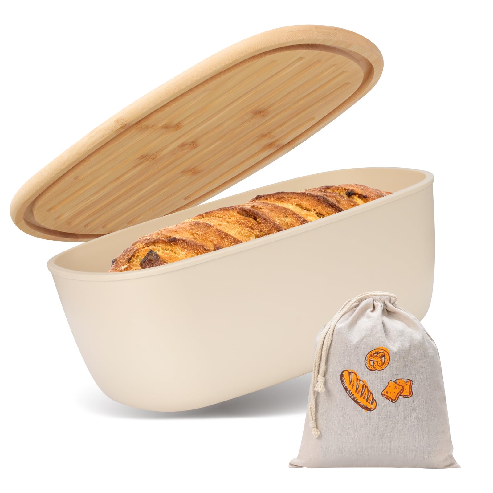 VINATO Scatola per Pane in Plastica con Coperchio in Bambù, 6L - Portapane con Sacchetto in Cotone, Bread Box