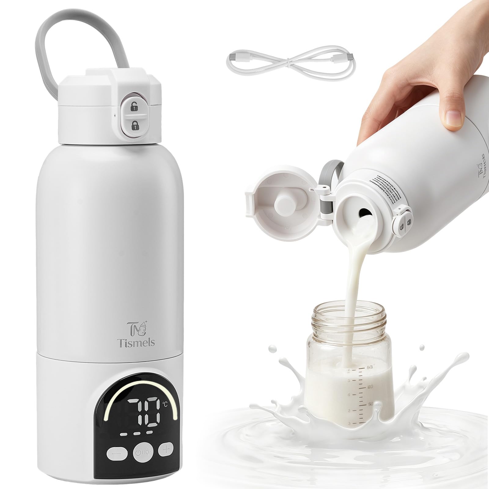Tragbarer Flaschenwärmer Baby Unterwegs, Kabellos mit 12000mAh Akku | 140W Schnellheizen, 500ml für Muttermilch & Wasser, 35–70°C Einstellbar, Sterilisieren, Milchwärmer für Nachtfütterung Reisen